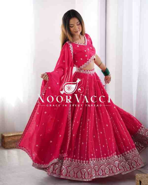 Shimmer Silk Lehenga with Thread & Sequence Work, Semi-Stitched with Matching Choli and Dupatta - Image 3