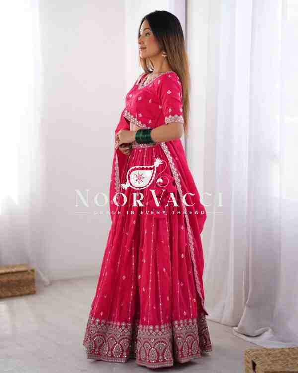 Shimmer Silk Lehenga with Thread & Sequence Work, Semi-Stitched with Matching Choli and Dupatta - Image 6