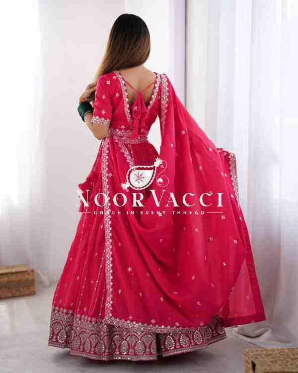 Shimmer Silk Lehenga with Thread & Sequence Work, Semi-Stitched with Matching Choli and Dupatta - Image 4