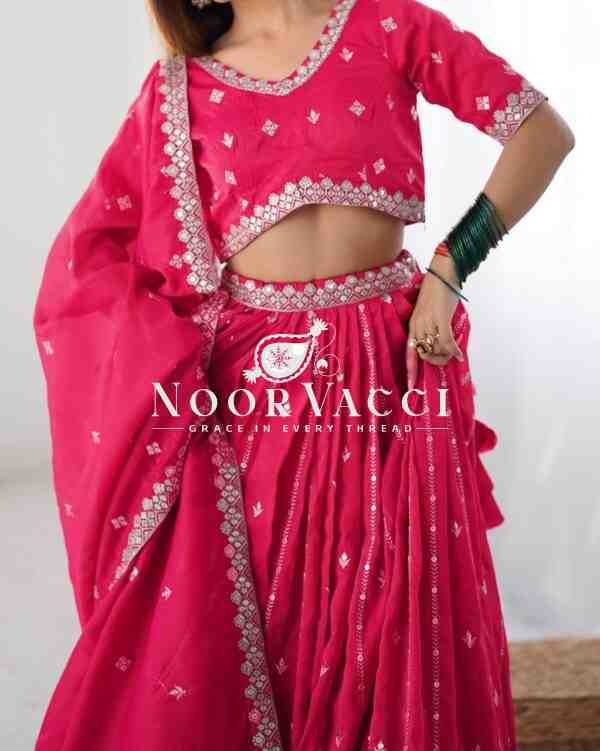 Shimmer Silk Lehenga with Thread & Sequence Work, Semi-Stitched with Matching Choli and Dupatta - Image 5