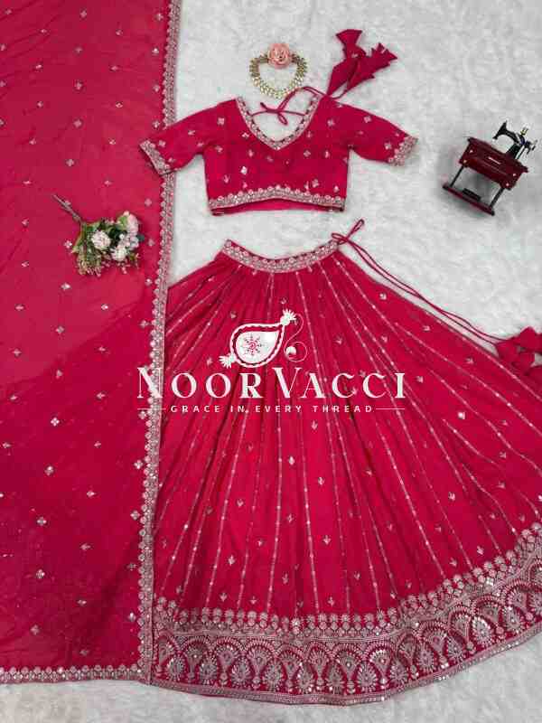 Shimmer Silk Lehenga with Thread & Sequence Work, Semi-Stitched with Matching Choli and Dupatta - Image 7