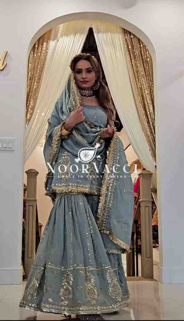 Chinon Silk Sharara Plazo Set with Embroidered Dupatta – Festive Readywear - Image 2