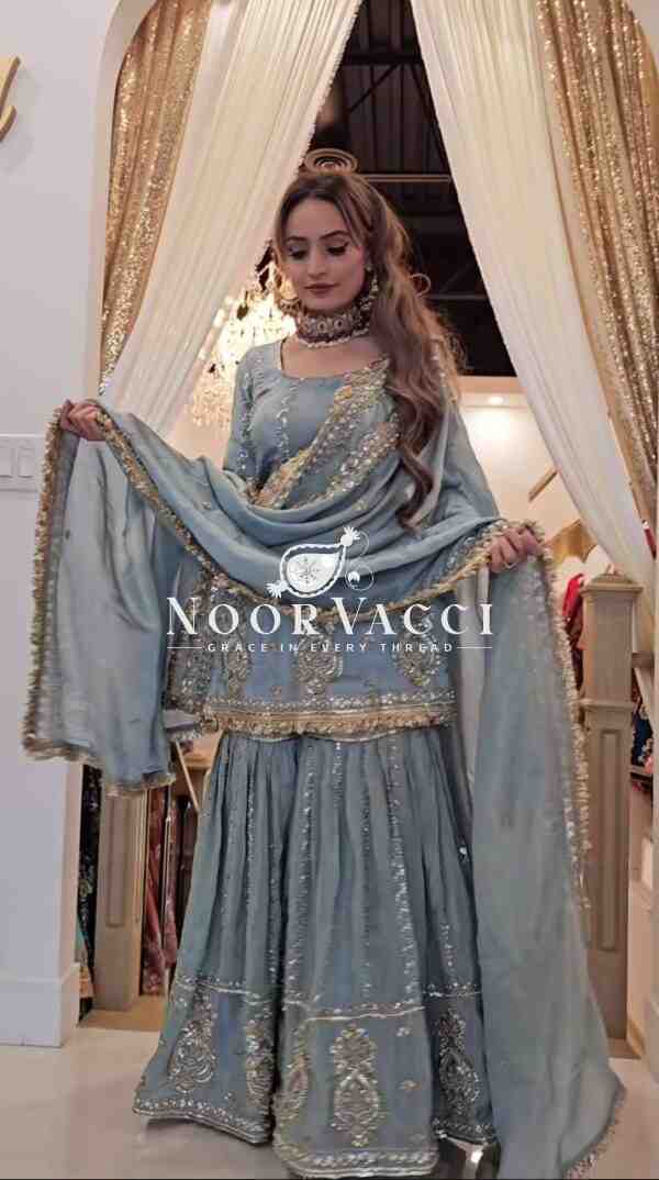 Chinon Silk Sharara Plazo Set with Embroidered Dupatta – Festive Readywear - Image 3