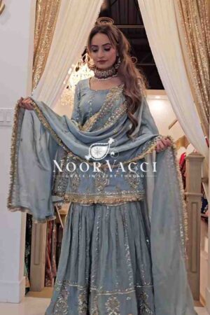 Shop Chinon Silk Sharara Plazo Set with Embroidered Dupatta – Festive Readywear