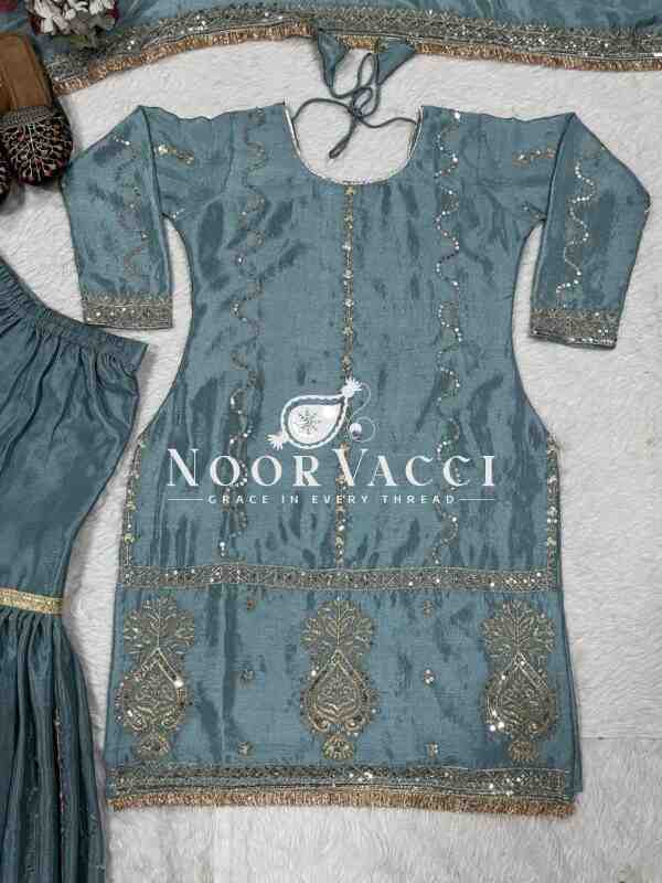 Chinon Silk Sharara Plazo Set with Embroidered Dupatta – Festive Readywear - Image 4