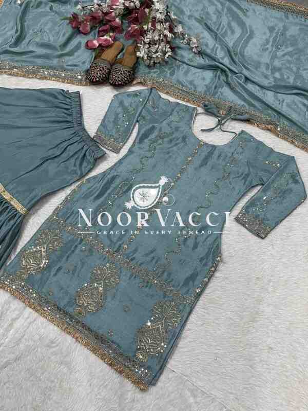Chinon Silk Sharara Plazo Set with Embroidered Dupatta – Festive Readywear - Image 5