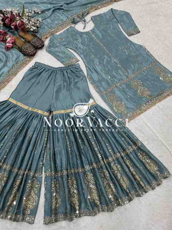 Chinon Silk Sharara Plazo Set with Embroidered Dupatta – Festive Readywear - Image 6