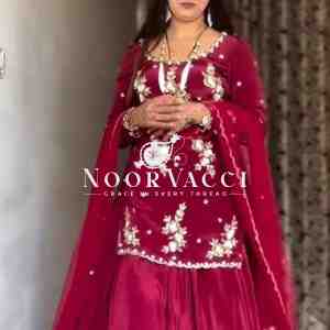Elegant Hand-Embroidered Crepe Silk Top with Designer Lehenga & Dupatta