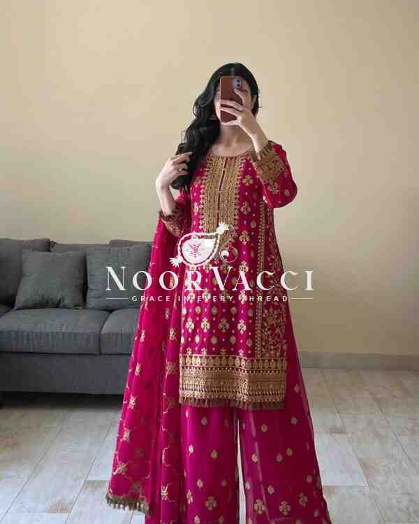 Faux Georgette Embroidered Plazo Set with Dupatta - Image 2