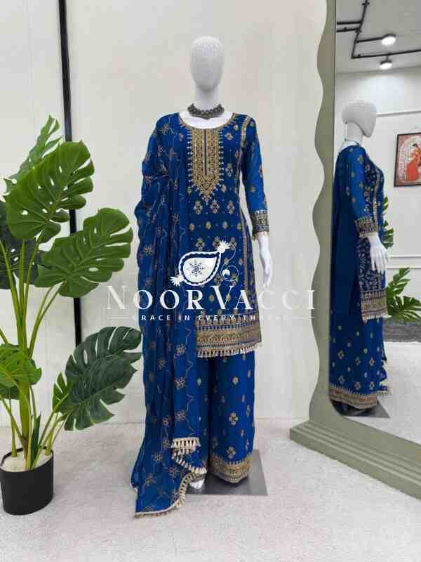 Faux Georgette Embroidered Plazo Set with Dupatta