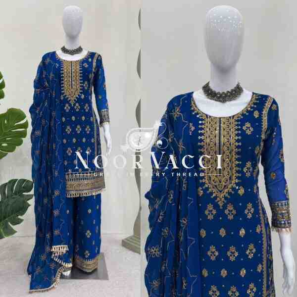 Faux Georgette Embroidered Plazo Set with Dupatta - Image 2