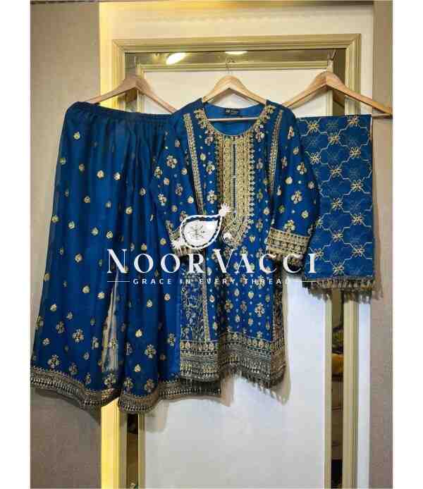 Faux Georgette Embroidered Plazo Set with Dupatta - Image 4