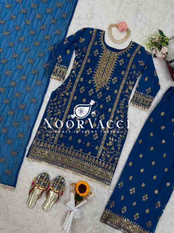 Faux Georgette Embroidered Plazo Set with Dupatta - Image 5