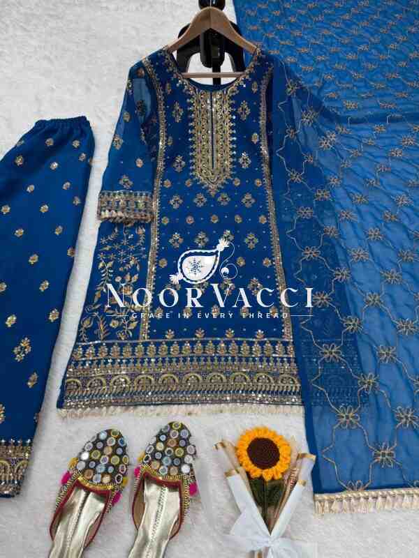 Faux Georgette Embroidered Plazo Set with Dupatta - Image 6