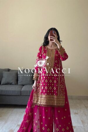 Shop Faux Georgette Embroidered Plazo Set with Dupatta