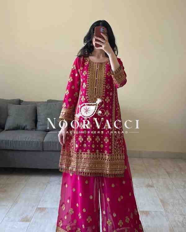 Faux Georgette Embroidered Plazo Set with Dupatta - Image 3