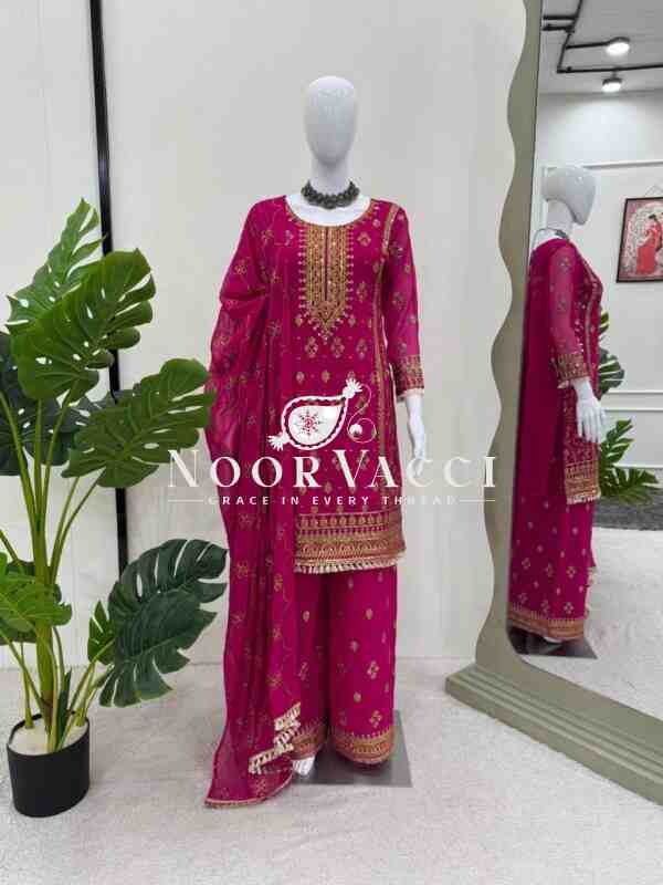 Faux Georgette Embroidered Plazo Set with Dupatta - Image 5