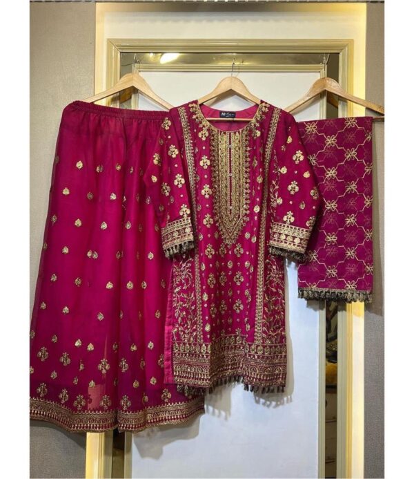 Shop Faux Georgette Embroidered Plazo Set with Dupatta - Image 4