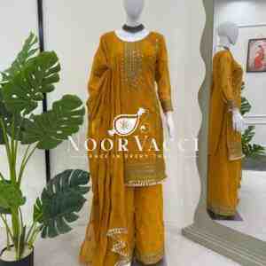 Faux Georgette Embroidered Plazo Set with Dupatta