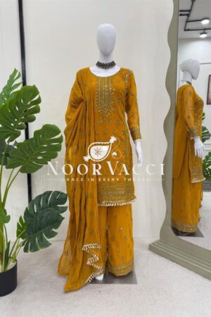 Shop Faux Georgette Embroidered Plazo Set with Dupatta