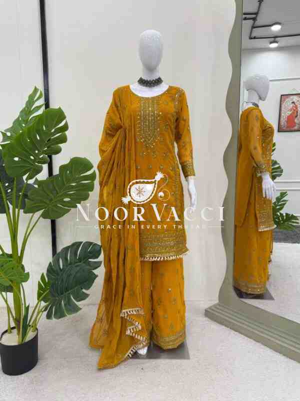 Faux Georgette Embroidered Plazo Set with Dupatta