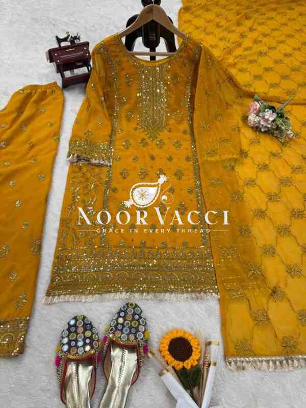 Faux Georgette Embroidered Plazo Set with Dupatta - Image 2