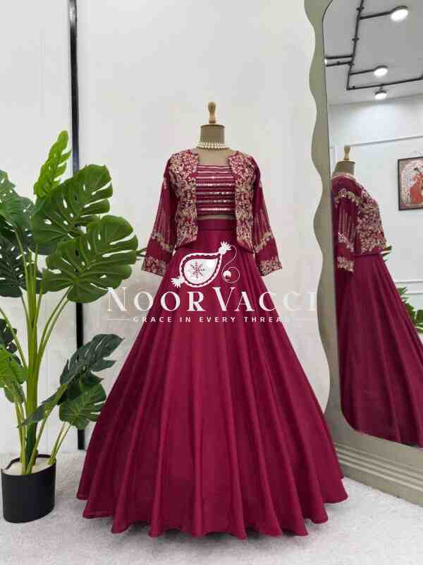Chinon Silk Embroidered Skirt Set with Koti - Image 3