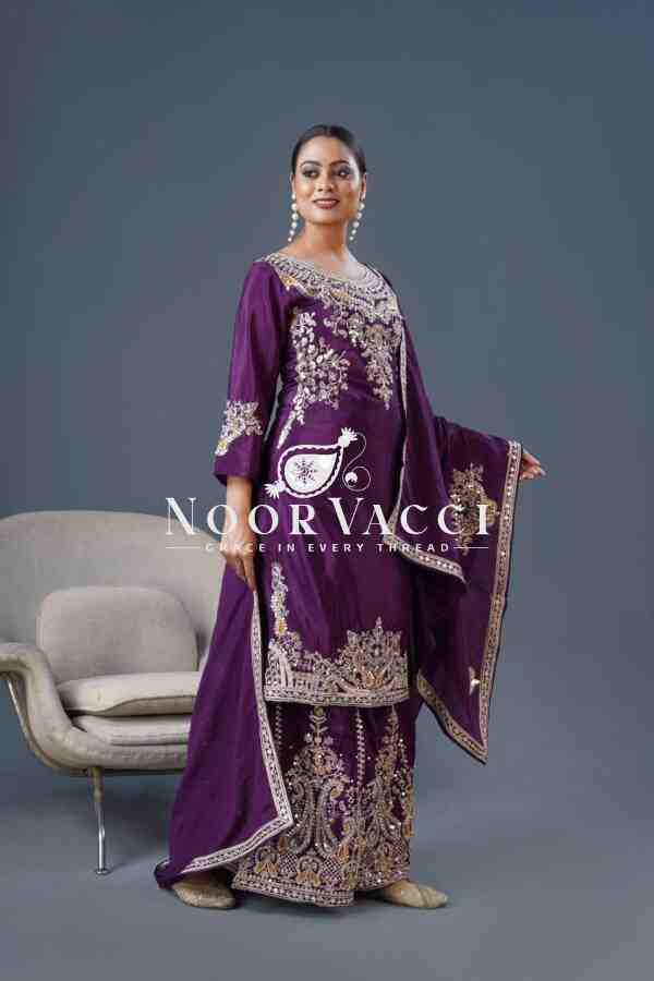 Pure Chinnon Silk Embroidered Dori-Sequence Work Plazzo Set – Fully Stitched - Image 3