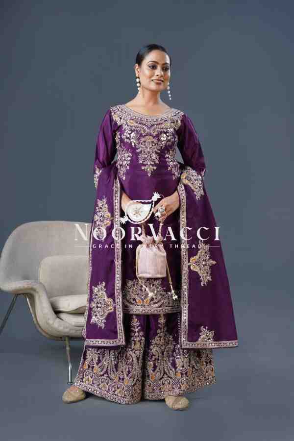 Pure Chinnon Silk Embroidered Dori-Sequence Work Plazzo Set – Fully Stitched