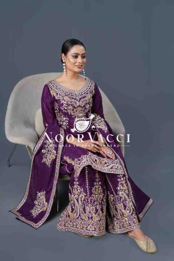 Pure Chinnon Silk Embroidered Dori-Sequence Work Plazzo Set – Fully Stitched - Image 7