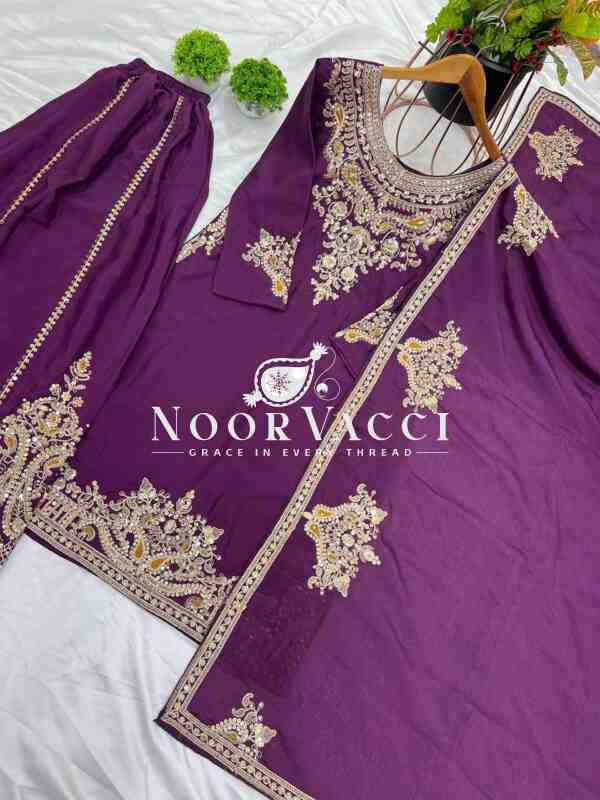 Pure Chinnon Silk Embroidered Dori-Sequence Work Plazzo Set – Fully Stitched - Image 8
