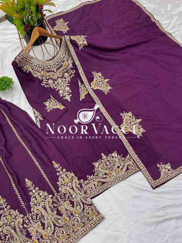 Pure Chinnon Silk Embroidered Dori-Sequence Work Plazzo Set – Fully Stitched - Image 9