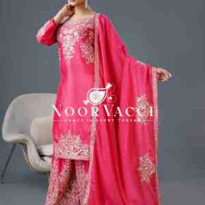 Pure Chinnon Silk Embroidered Dori-Sequence Work Plazzo Set – Fully Stitched