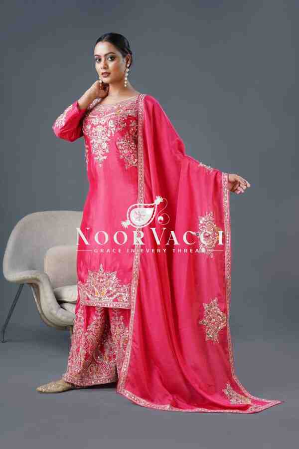Pure Chinnon Silk Embroidered Dori-Sequence Work Plazzo Set – Fully Stitched