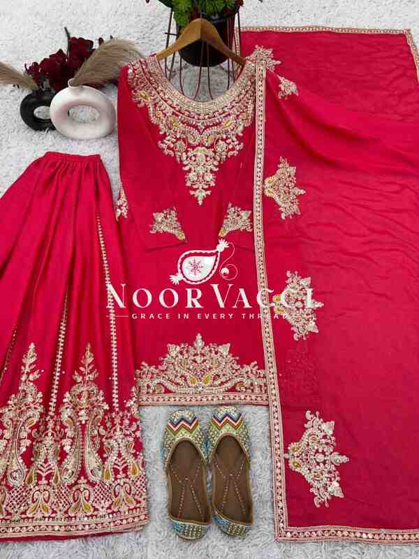 Pure Chinnon Silk Embroidered Dori-Sequence Work Plazzo Set – Fully Stitched - Image 3