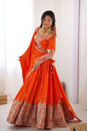 Buy Natural Crepe Silk Lehenga with Thread & Sequence Work, Semi-Stitched with Matching Choli and Dupatta