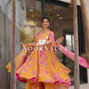Designer Vichitra Silk Gown with Embroidered Dupatta and Plazzo Set