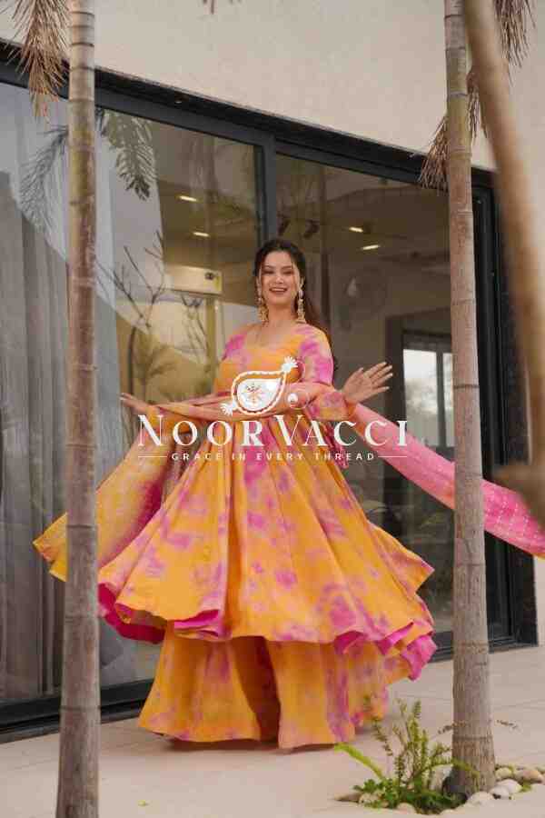 Designer Vichitra Silk Gown with Embroidered Dupatta and Plazzo Set