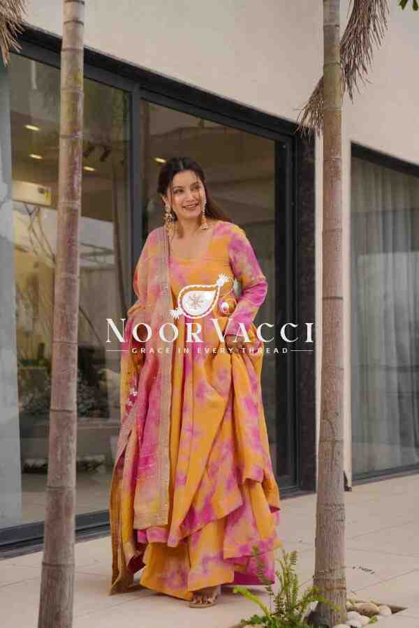 Designer Vichitra Silk Gown with Embroidered Dupatta and Plazzo Set - Image 2