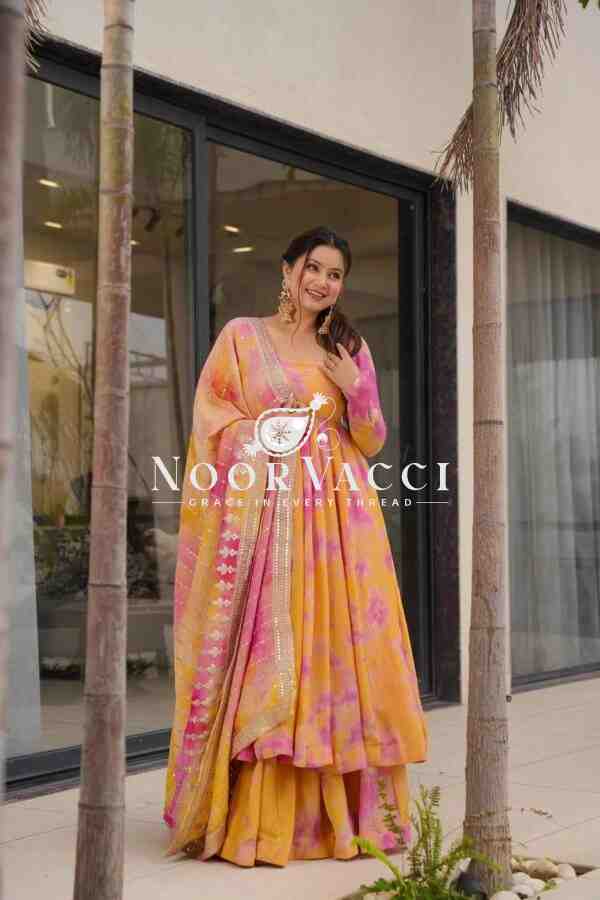 Designer Vichitra Silk Gown with Embroidered Dupatta and Plazzo Set - Image 3