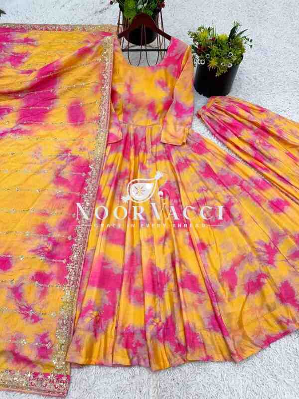 Designer Vichitra Silk Gown with Embroidered Dupatta and Plazzo Set - Image 5