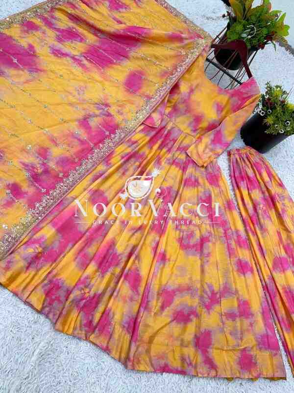 Designer Vichitra Silk Gown with Embroidered Dupatta and Plazzo Set - Image 6