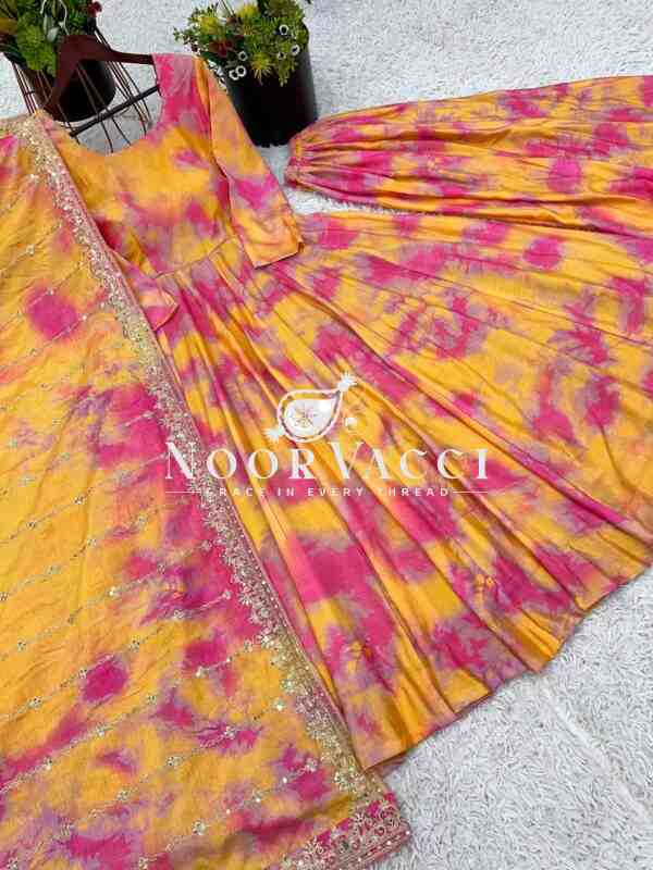 Designer Vichitra Silk Gown with Embroidered Dupatta and Plazzo Set - Image 7