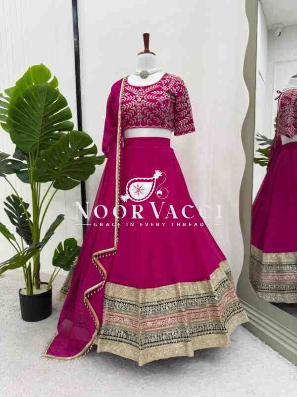 Semi-Stitched Faux Georgette Lehenga with Thread & Sequin Embroidery