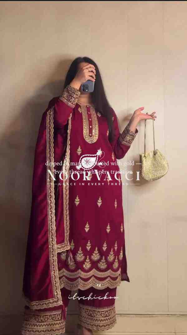 Graceful Embroidered Natural Crepe Silk Suit Set with Dupatta - Image 4