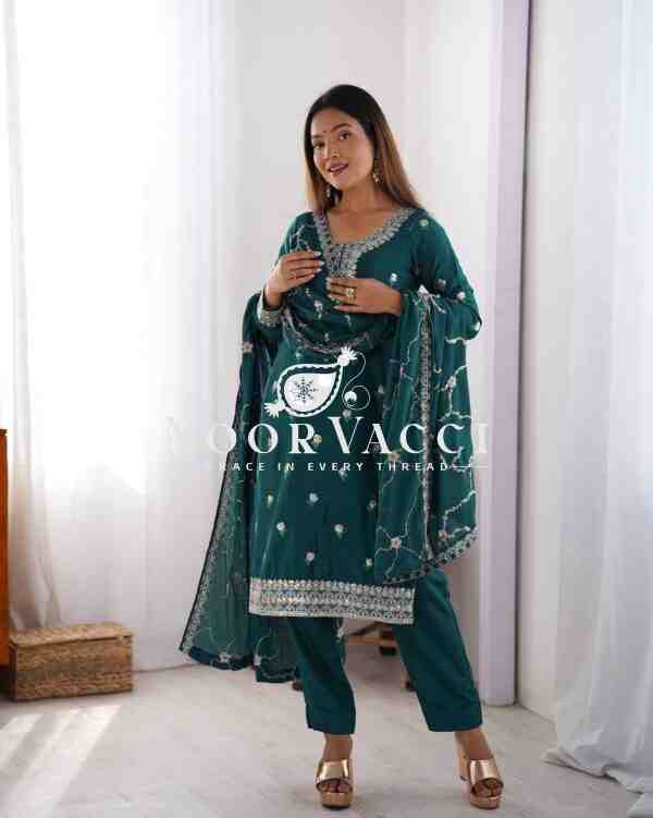 Chinon Silk Top with Sequence Work, Matching Pent, and Dupatta Set