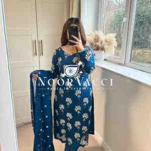 Designer Chinon Long Top, Pant & Dupatta Set with 5mm Sequence & Moti Work