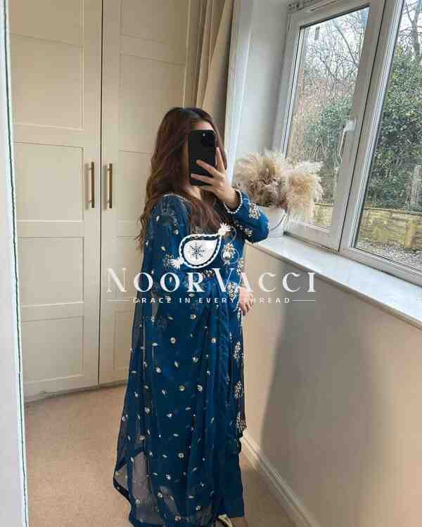 Designer Chinon Long Top, Pant & Dupatta Set with 5mm Sequence & Moti Work - Image 2