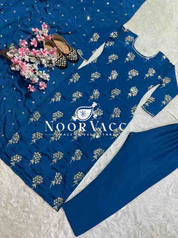 Designer Chinon Long Top, Pant & Dupatta Set with 5mm Sequence & Moti Work - Image 5