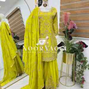 Chinon Silk Embroidered Sharara Plazo Set with Dupatta